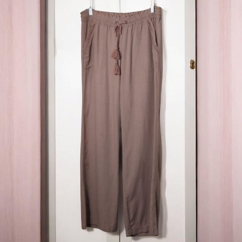 Jolt Women's Wide Leg Tan/Rust Pants 55% Linen 45% Rayon. Great Details 💯